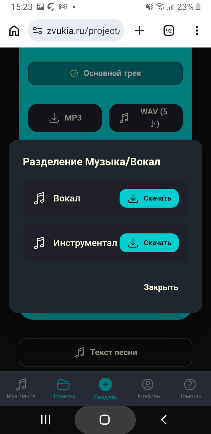 Окно с двумя дорожками «Инструментал» и «Вокал»