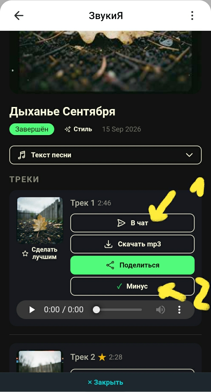 Карточка готового трека в проекте: плеер и кнопки В чат, Минус, Скачать mp3, Поделиться
